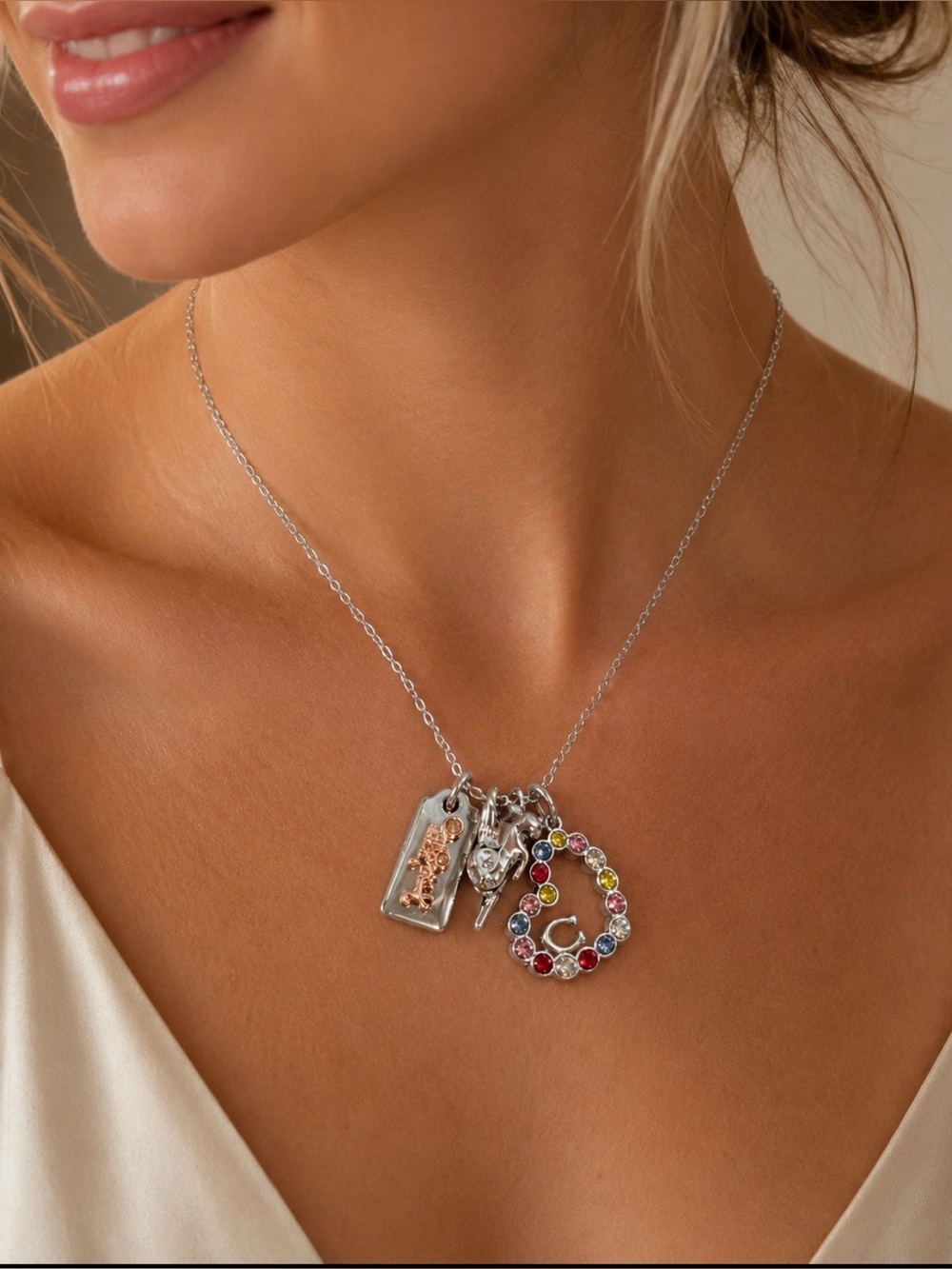 Coach Multi-Charm Necklace | Bunny, Crystal “C” & Signature Tag | Silver Tone